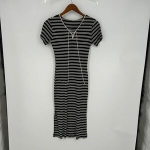 Black White Striped Ribbed Midi Dress Lace Up V Neck Short Sleeve Bodycon XS